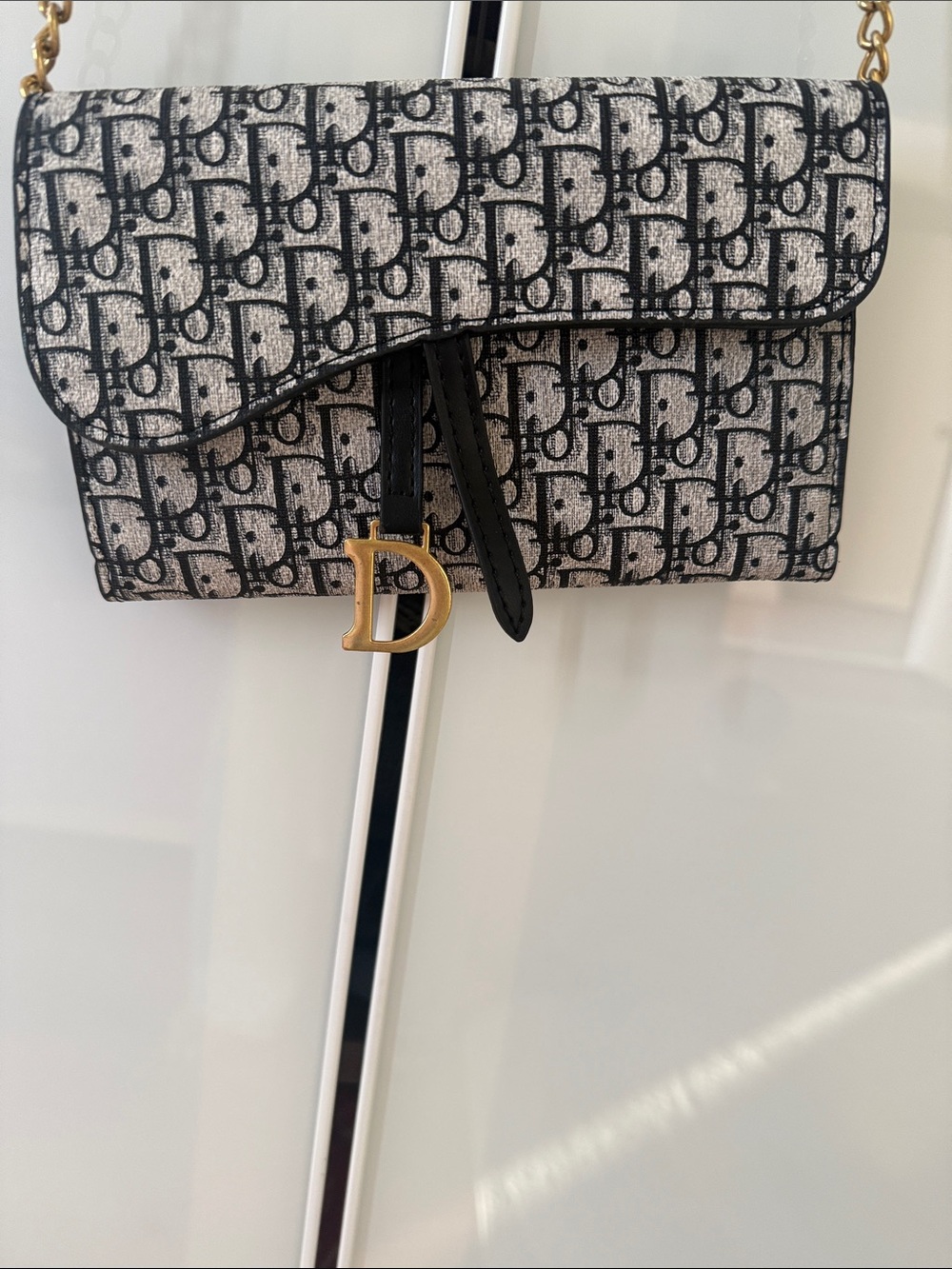 Black & Cream Oblique Saddle Crossbody with Gold 'D' Charm